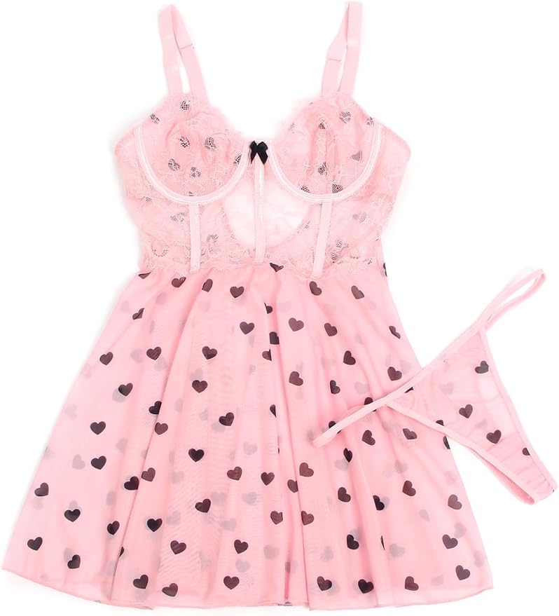 1 - Mesh Lace Lingerie Dress - Pink