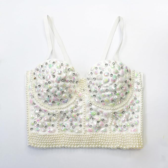 Rhinestone Bead Crop Top White
