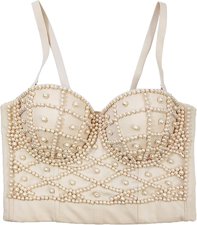 Pearls Beaded Bustier Corset Beige