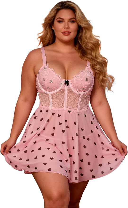 1 - Mesh Lace Lingerie Dress - Pink