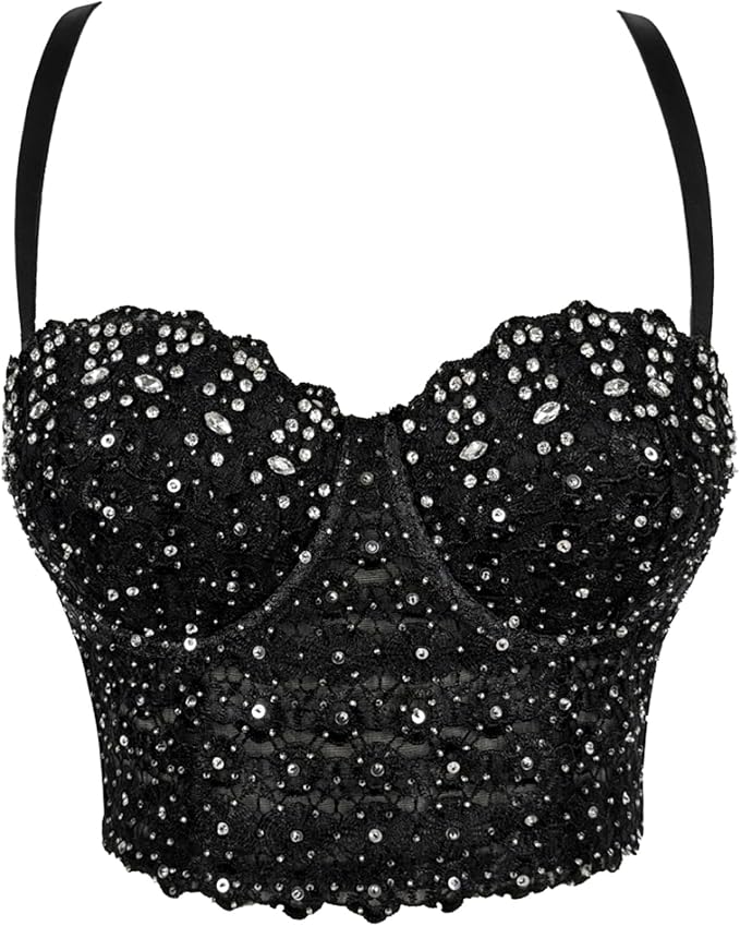 Lace Mesh Rhinestone Bustier Black