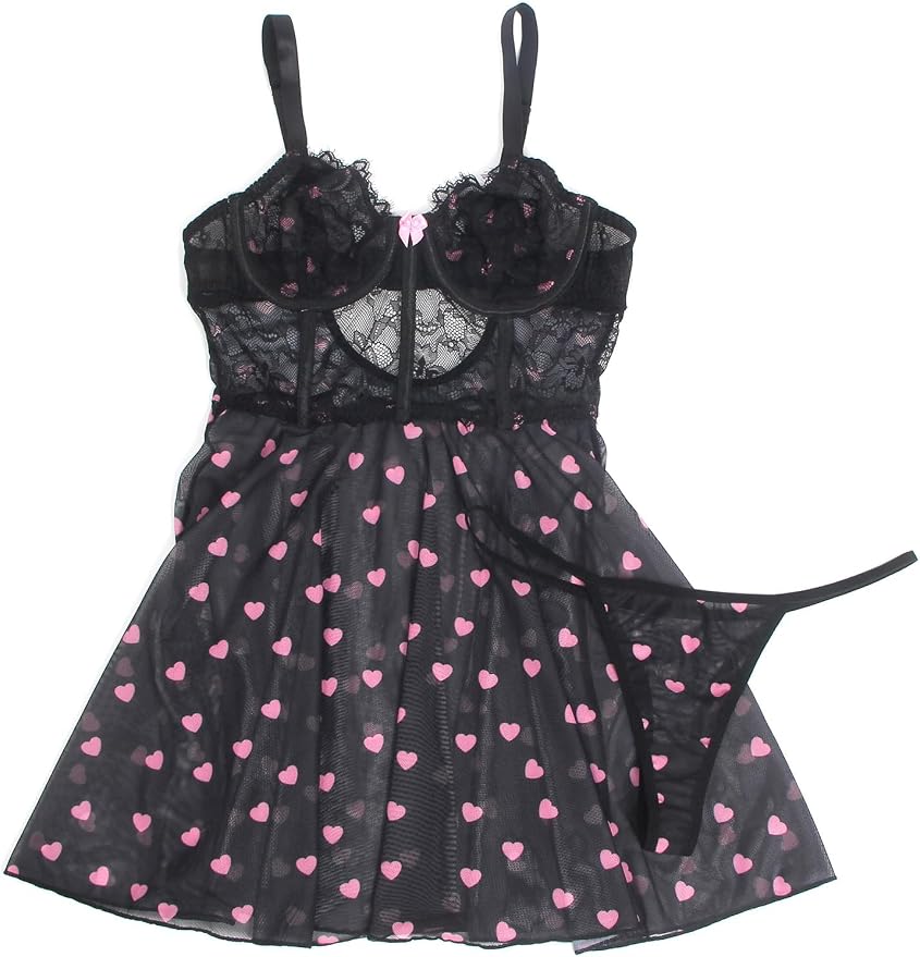 1 - Mesh Lace Lingerie Dress - Black
