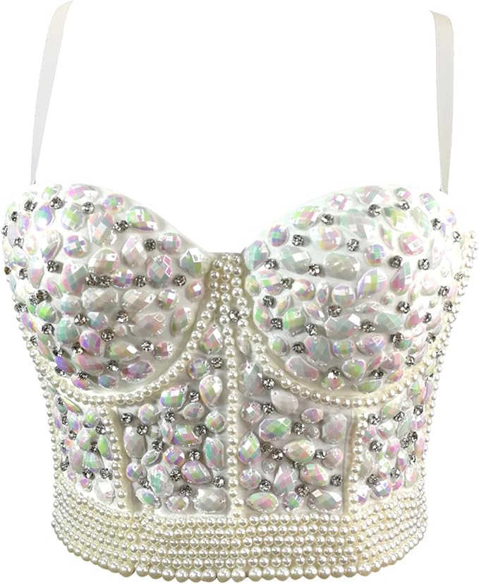 Rhinestone Bead Crop Top White