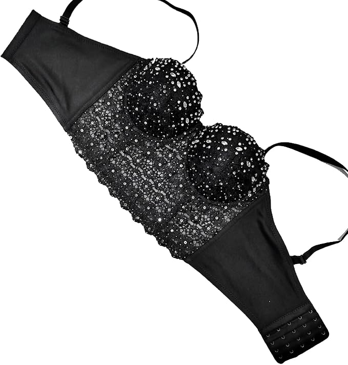 Lace Mesh Rhinestone Bustier Black