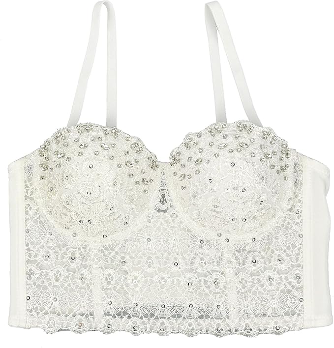 Lace Mesh Rhinestone Bustier White