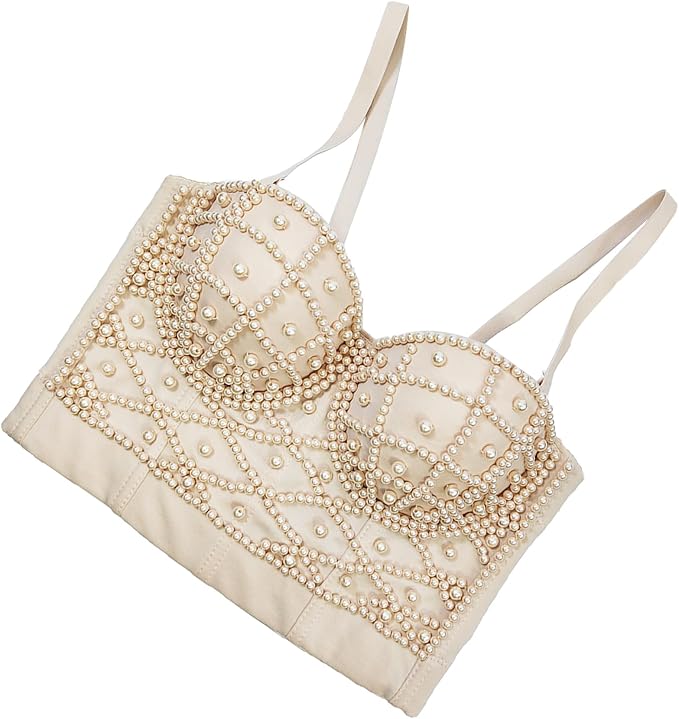 Pearls Beaded Bustier Corset Beige
