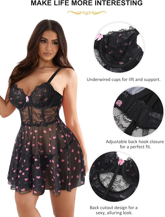 1 - Mesh Lace Lingerie Dress - Black