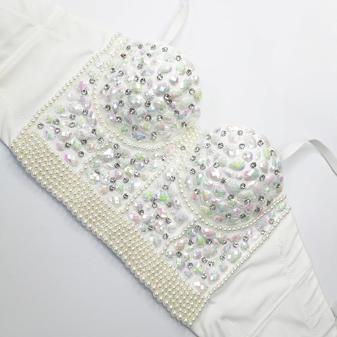 Rhinestone Bead Crop Top White