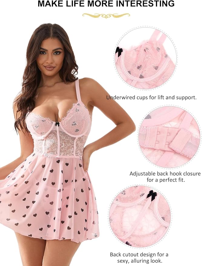 1 - Mesh Lace Lingerie Dress - Pink