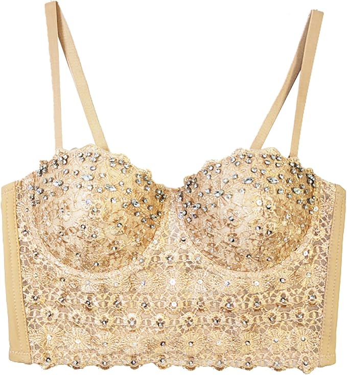 Lace Mesh Rhinestone Bustier Beige