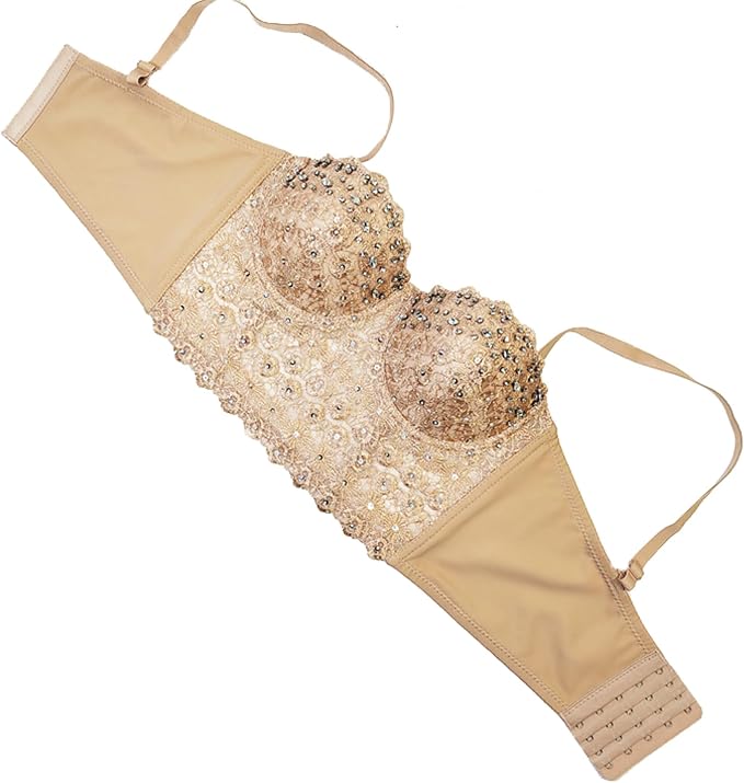 Lace Mesh Rhinestone Bustier Beige