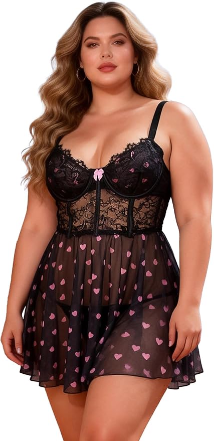 1 - Mesh Lace Lingerie Dress - Black
