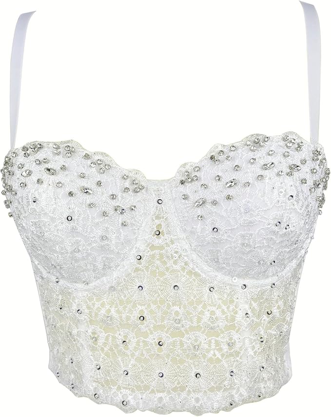 Lace Mesh Rhinestone Bustier White
