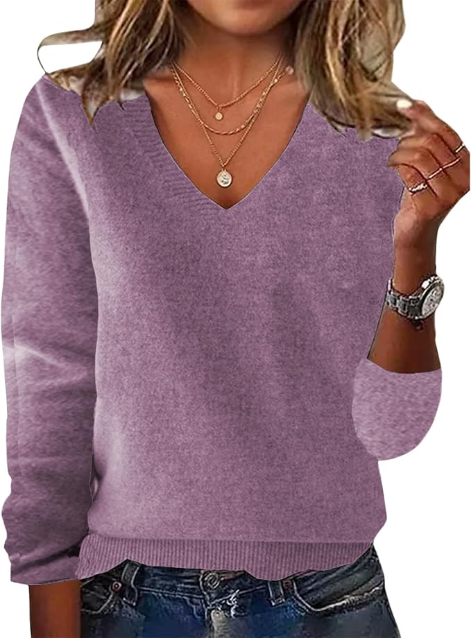 Womens Solid V-neck Sweaters 10