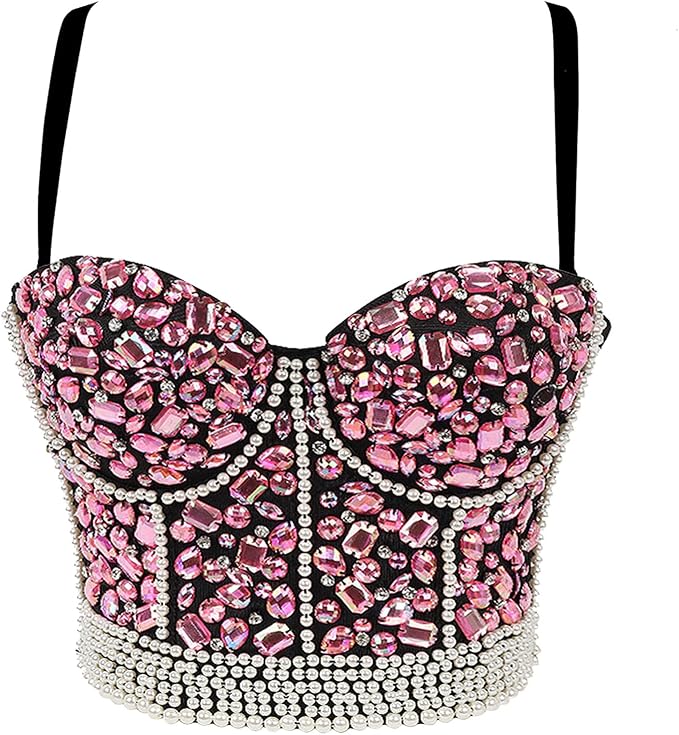 Rhinestone Bead Crop Top Pink