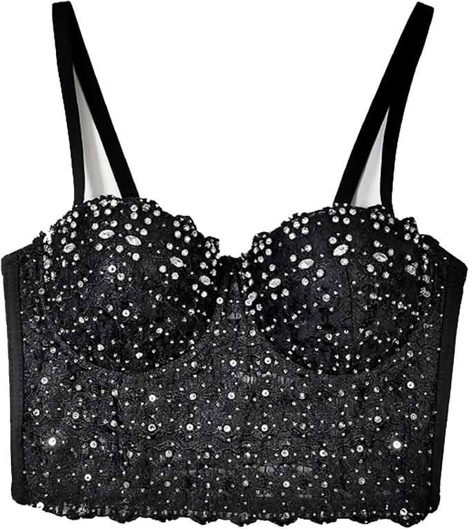 Lace Mesh Rhinestone Bustier Black