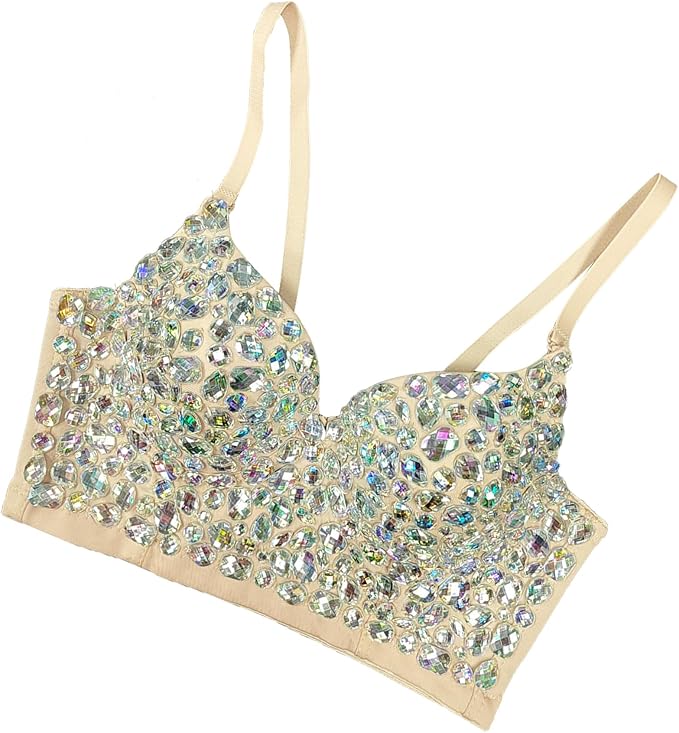Rhinestone Diamond Bra Beige