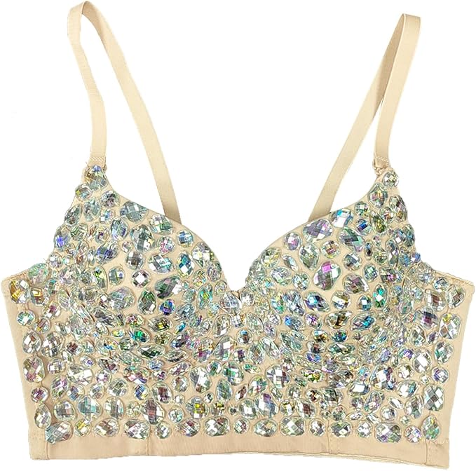 Rhinestone Diamond Bra Beige