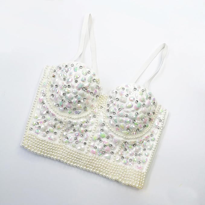 Rhinestone Bead Crop Top White