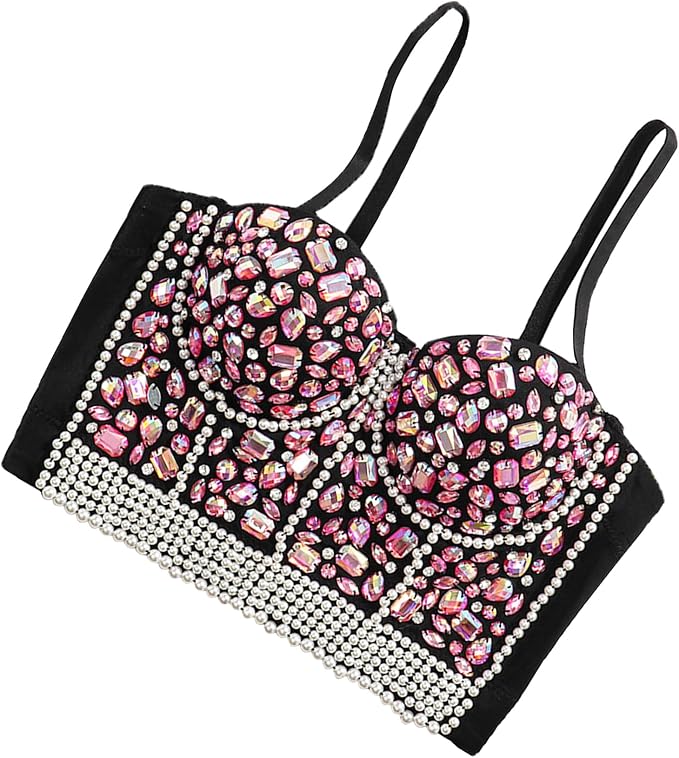 Rhinestone Bead Crop Top Pink