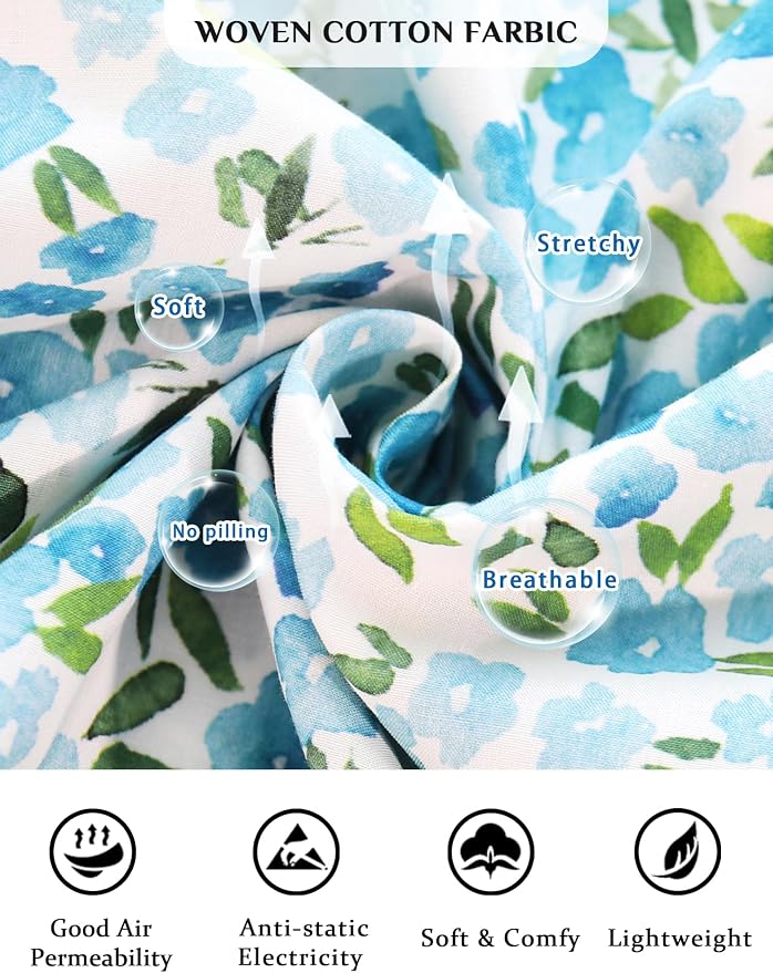 Woven-100% Cotton Green Leaves, Blue Flowers