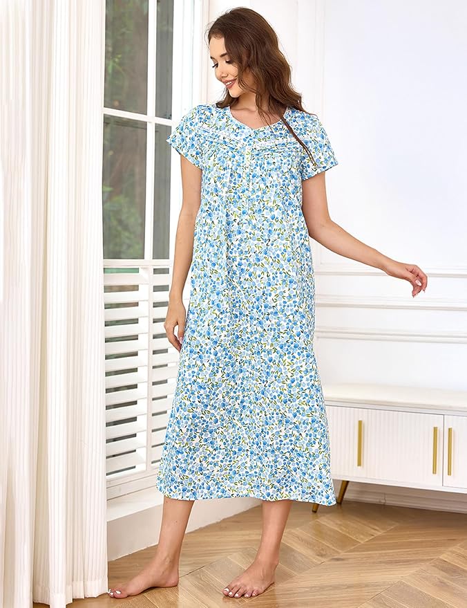 Woven-100% Cotton Green Leaves, Blue Flowers