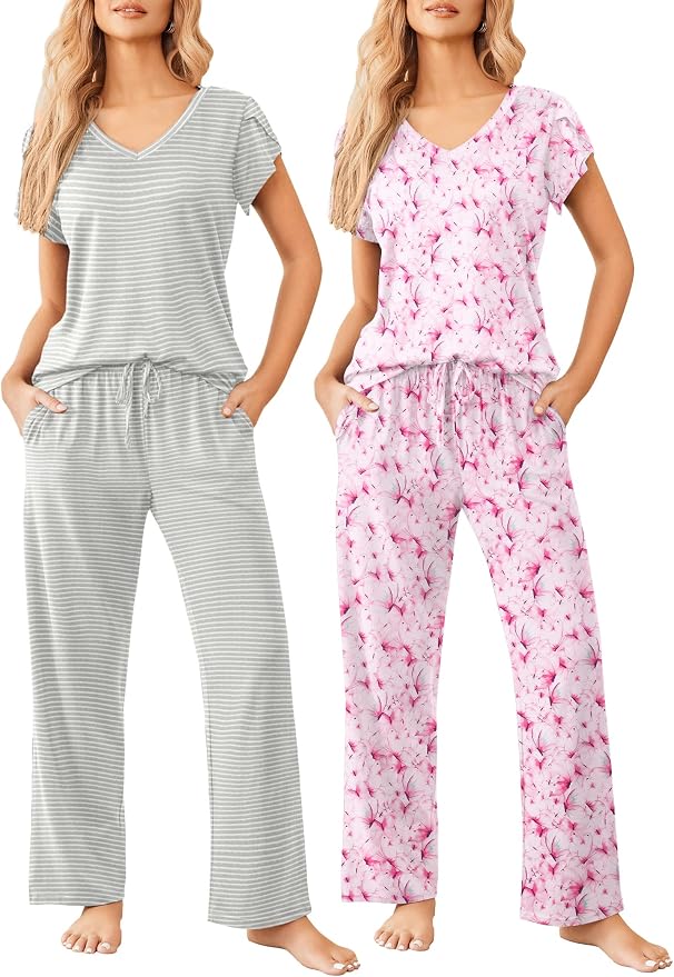 Pink White Flower/Gray Stripe