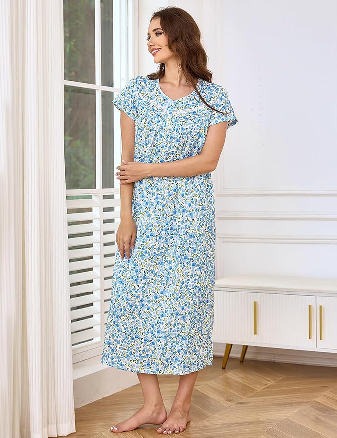 Woven-100% Cotton Green Leaves, Blue Flowers