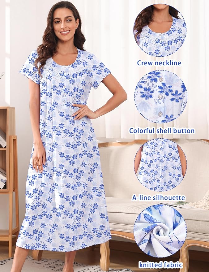 Knit-60% Cotton White Background, Blue Flower World