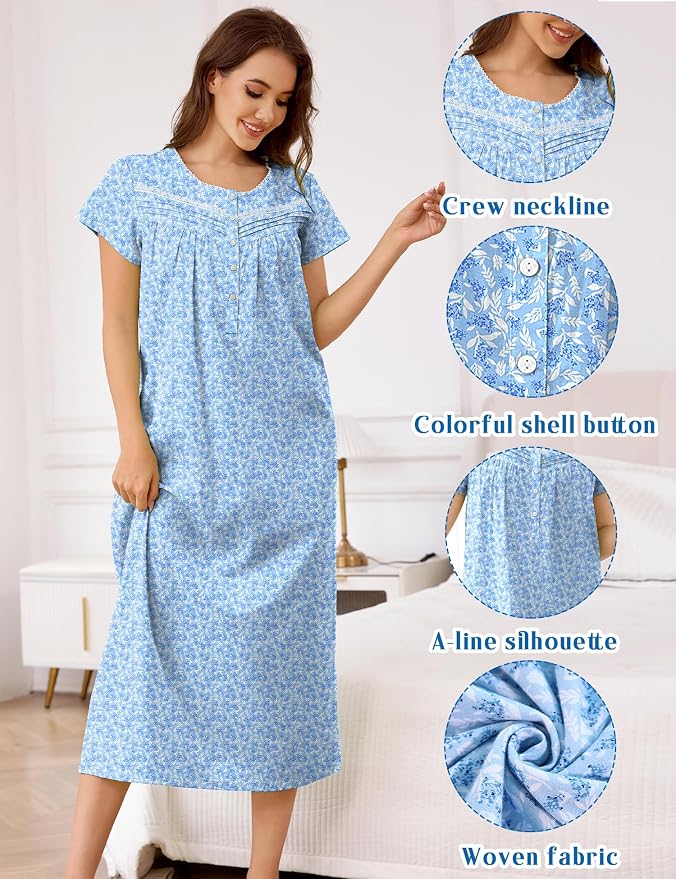 Knit-100% Cotton White Branches, Blue Flowers