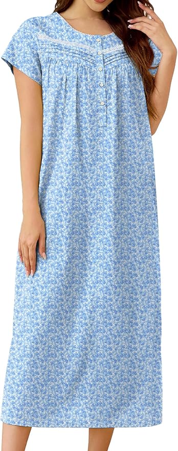 Knit-100% Cotton White Branches, Blue Flowers