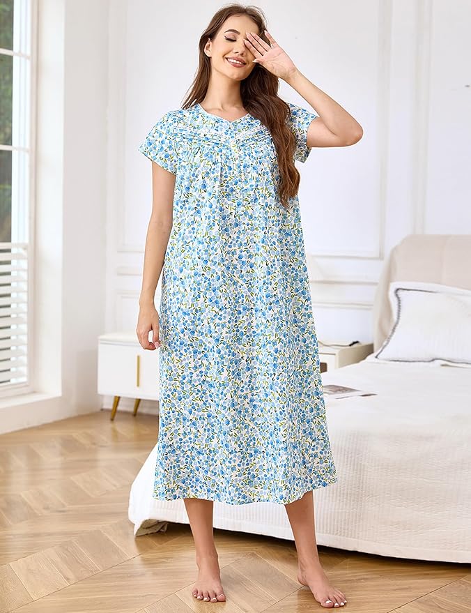 Woven-100% Cotton Green Leaves, Blue Flowers