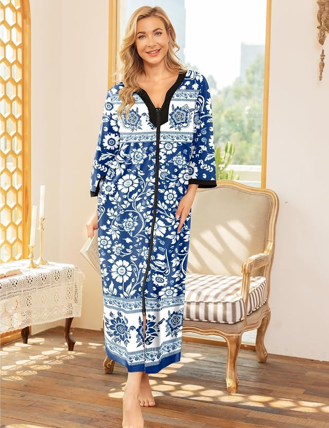 Blue Bohemian Flowers on White-long