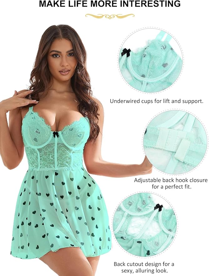 1 - Mesh Lace Lingerie Dress - Green