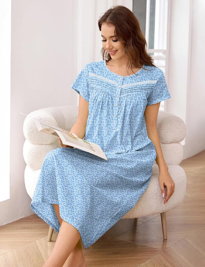 Knit-100% Cotton White Branches, Blue Flowers