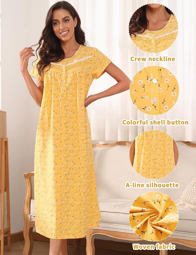 Woven-100% Cotton White Flowers on a Yellow Background