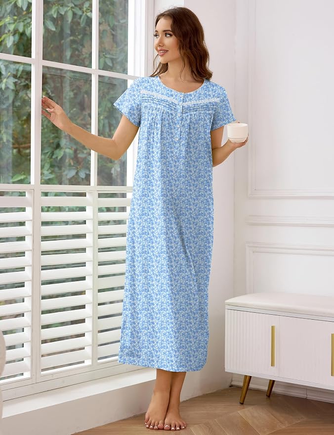 Knit-100% Cotton White Branches, Blue Flowers