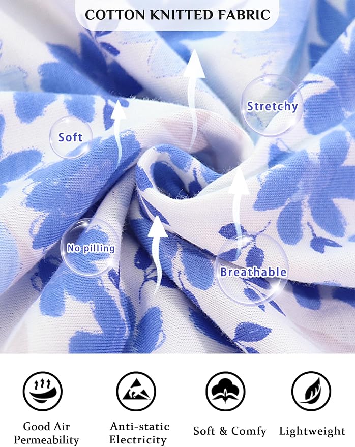 Knit-60% Cotton White Background, Blue Flower World