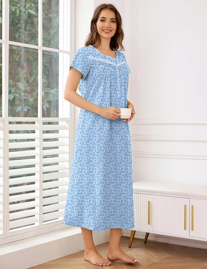 Knit-100% Cotton White Branches, Blue Flowers