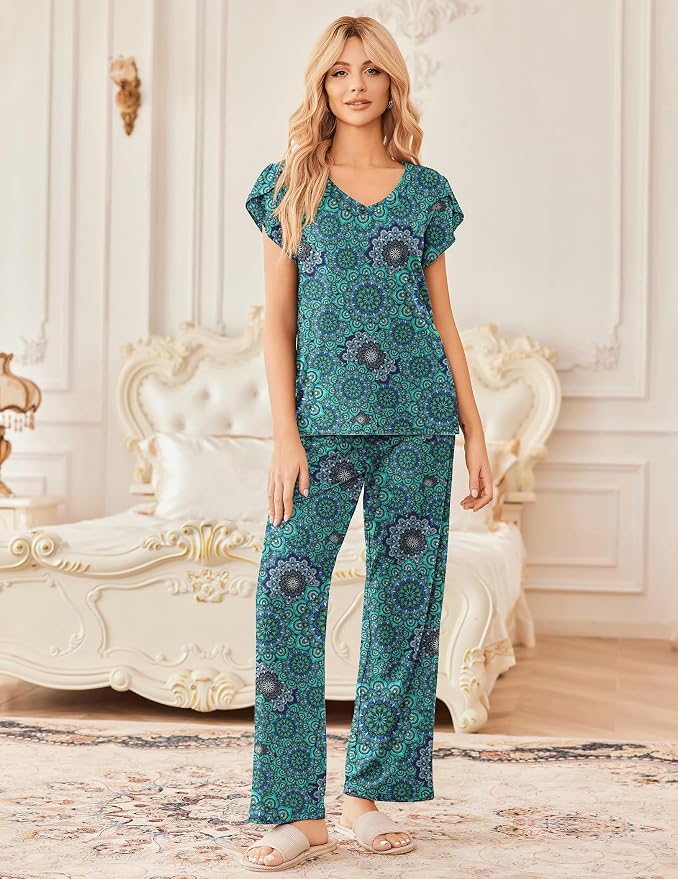 Navy Cashew Flowers/Blue Green Mandala Pattern