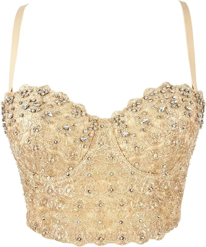 Lace Mesh Rhinestone Bustier Beige