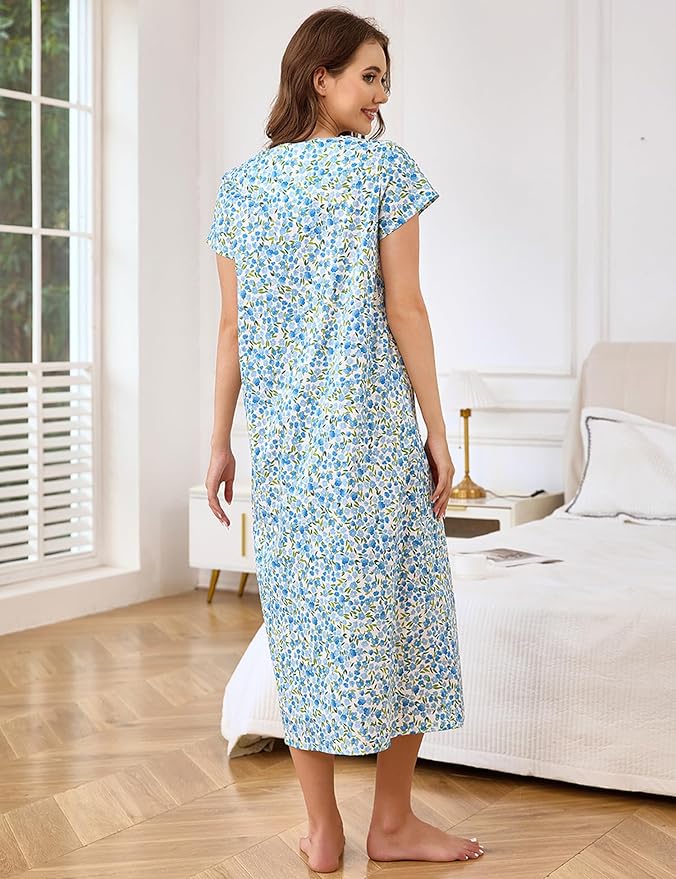 Woven-100% Cotton Green Leaves, Blue Flowers