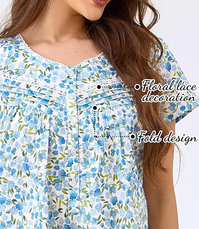 Woven-100% Cotton Green Leaves, Blue Flowers