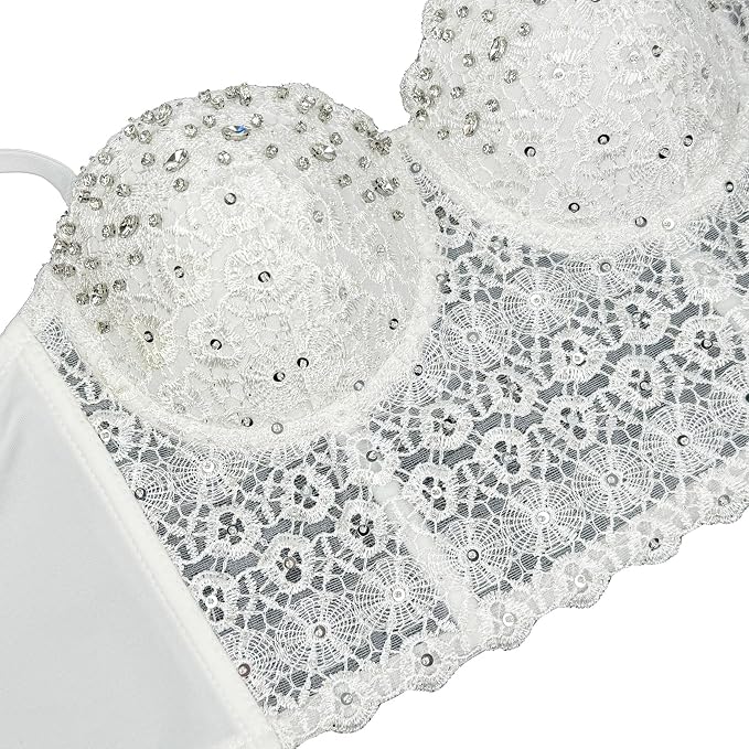 Lace Mesh Rhinestone Bustier White