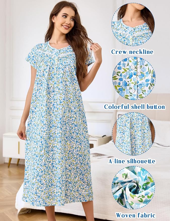 Woven-100% Cotton Green Leaves, Blue Flowers